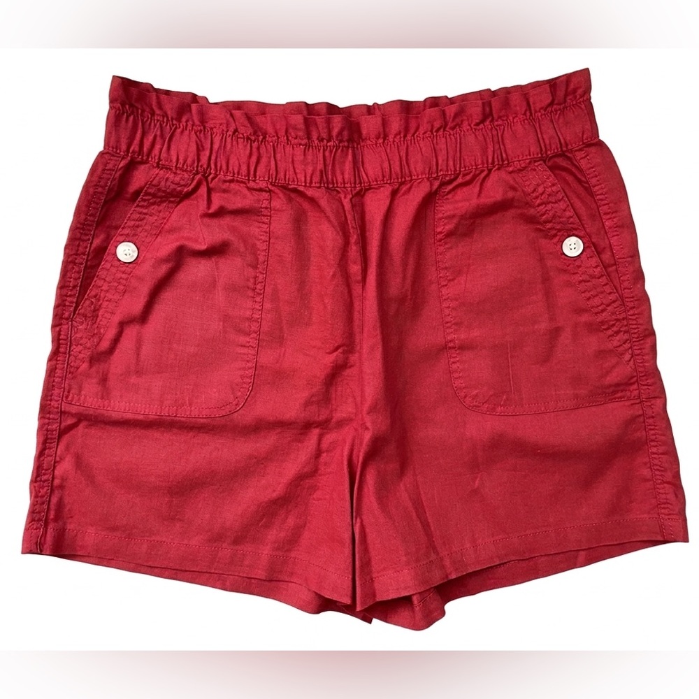 NWOT JOE FRESH Brick Ref Elastic High-Waisted Linen-Blend Shorts Size: Large - Picture 2 of 6